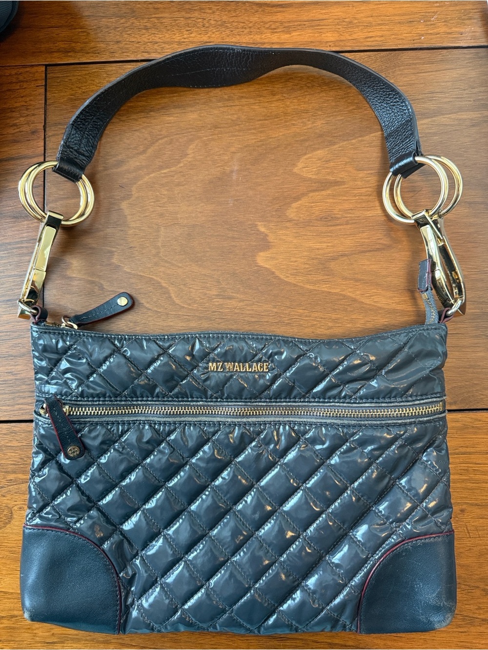 WMZ Wallace Black Quilted Patent Shoulder Bag with Gold Hardware